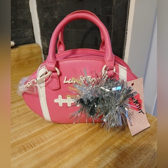 Betsey Johnson Handbags - Betsey Johnson NWT Pink Footbal Tote/ Crossbody W/Silver Pom Pom Bag Charm